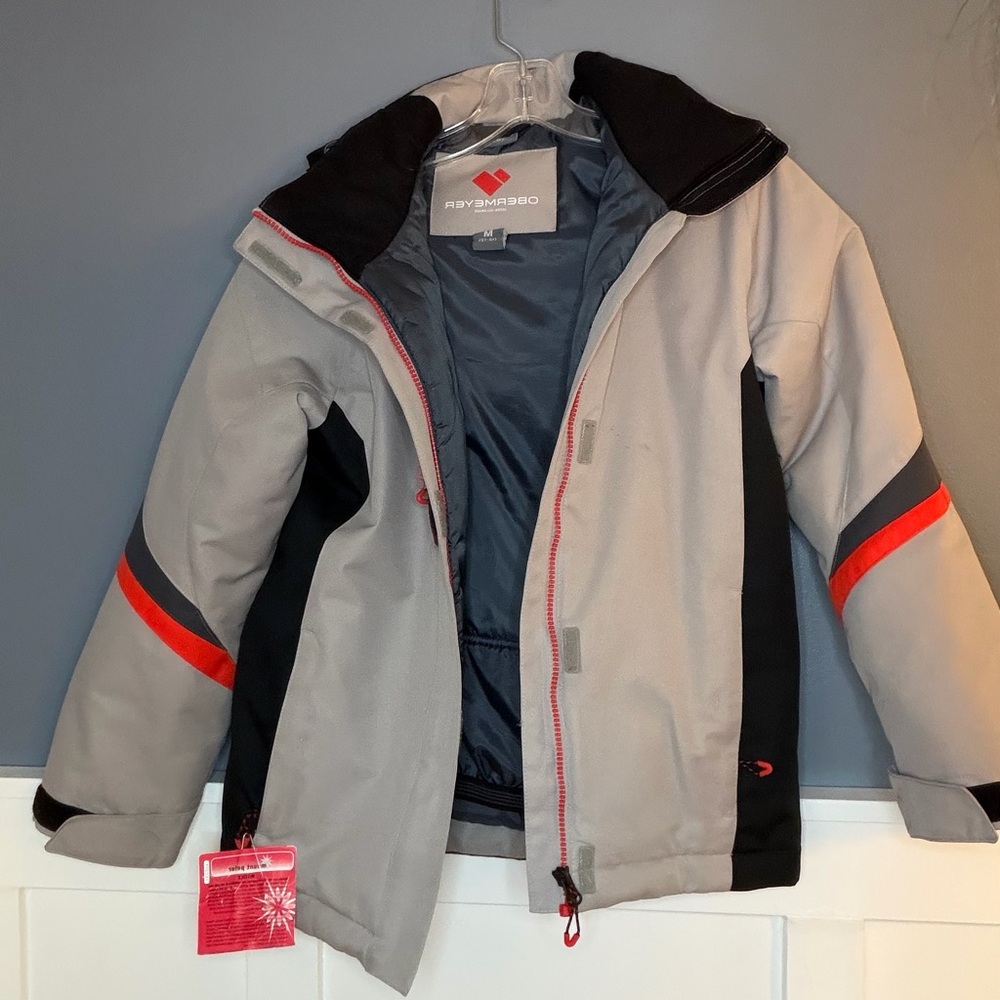 Obermeyer Boys Light Gray and Black Puffer Jacket with Orange Trim Boys 10-12